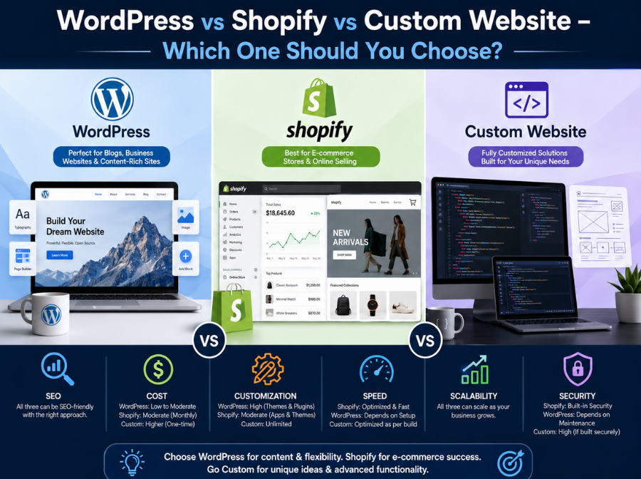 WordPress vs Shopify vs Custom Website – Which One Should You Choose?